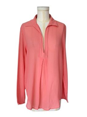 Tommy Bahama Semi-Sheer Textured Cotton Tunic Top Bright Coral Size Medium